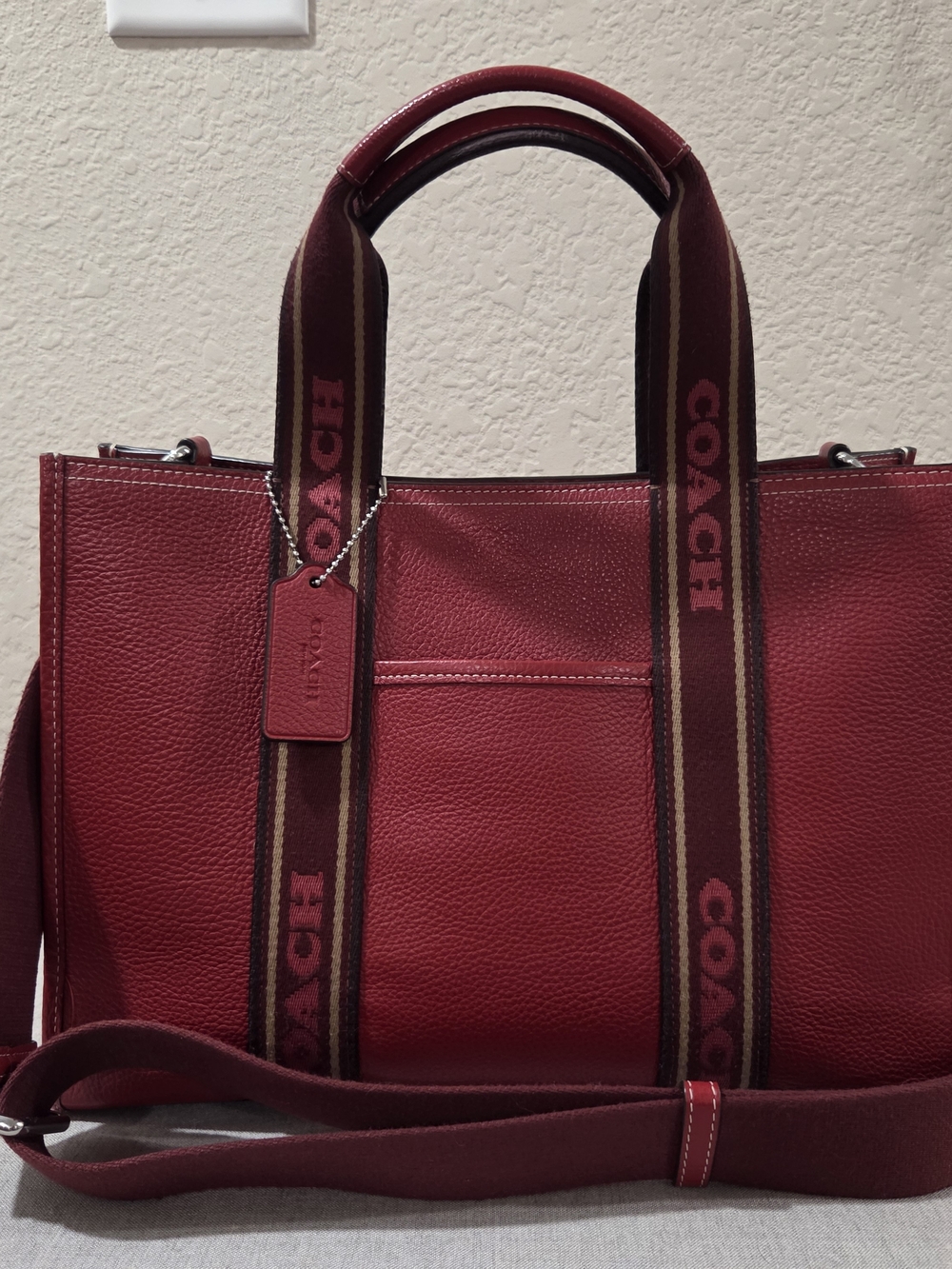 Coach Red Pebbled Leather Tote with Branded Webbing Straps